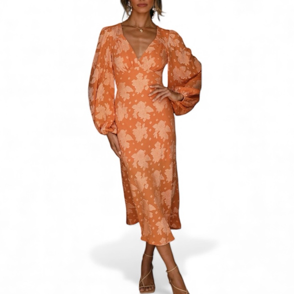 Hello Molly Women’s Raise The Sun Midi Dress Orange Boho Floral size 10 Like New